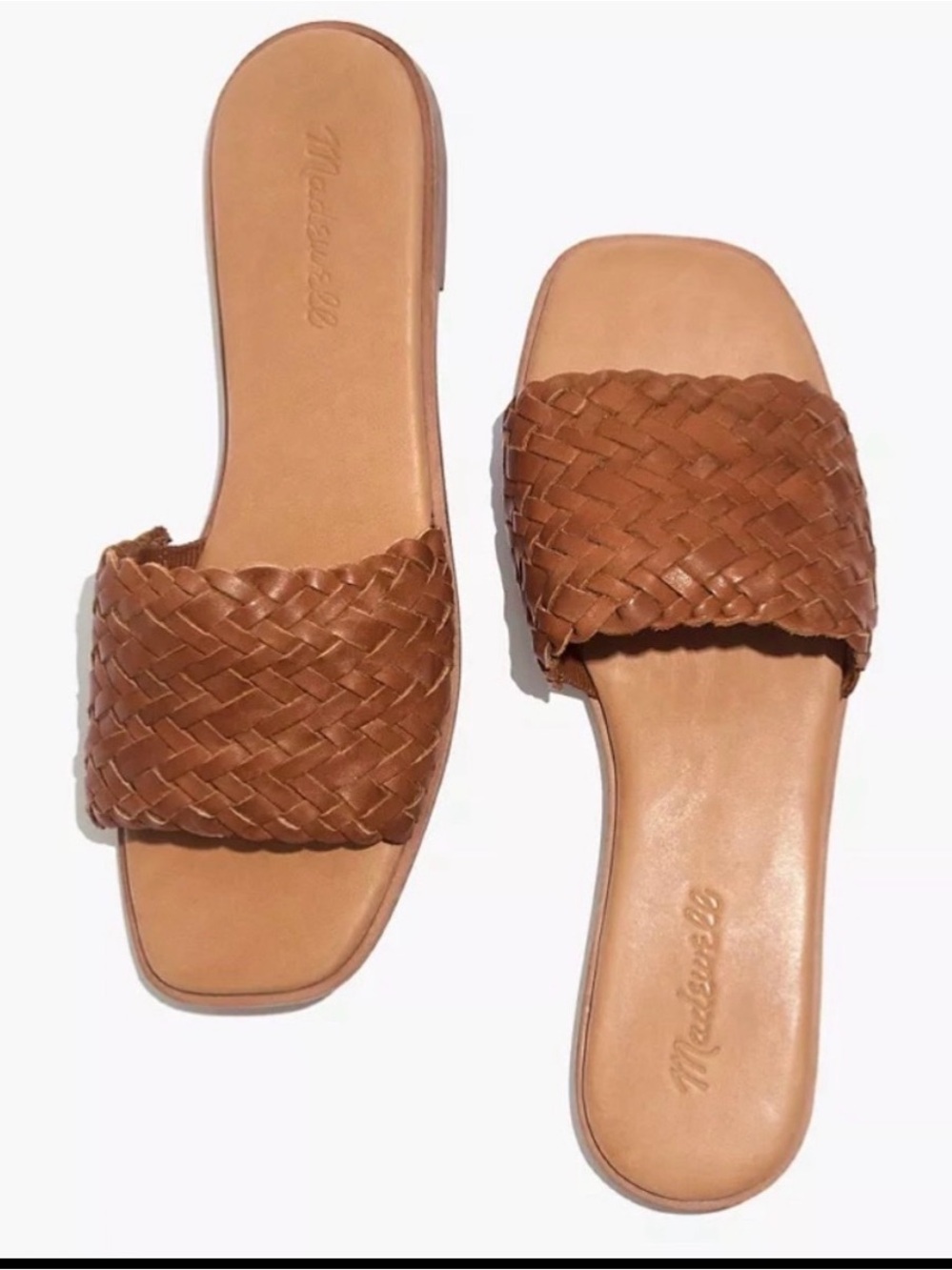 Madewell The Lianne Woven Leather Square Toe Slide Sandals in Cognac Brown